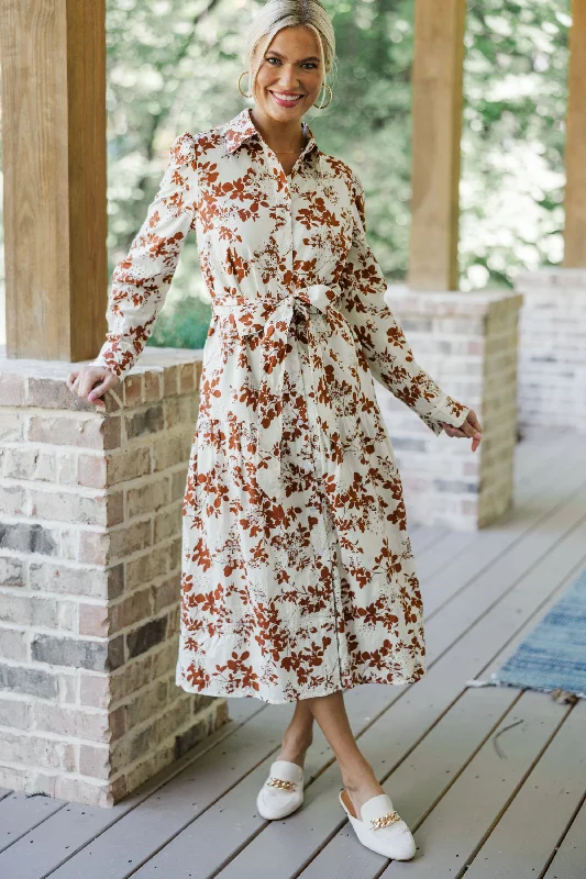 Special Discounts Inside!Fate: On Call Ivory/Brown Floral Midi Dress