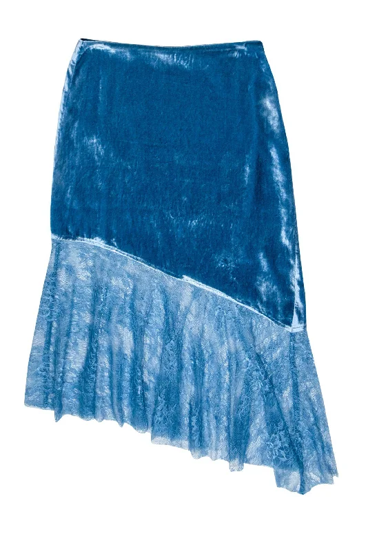 Shop Smart, Save Big!Free People - Teal Velvet Midi Skirt w/ Asymmetrical Lace Hem Sz 2 Shop Smart, Save Big!Free People - Teal Velvet Midi Skirt w/ Asymmetrical Lace Hem Sz 2