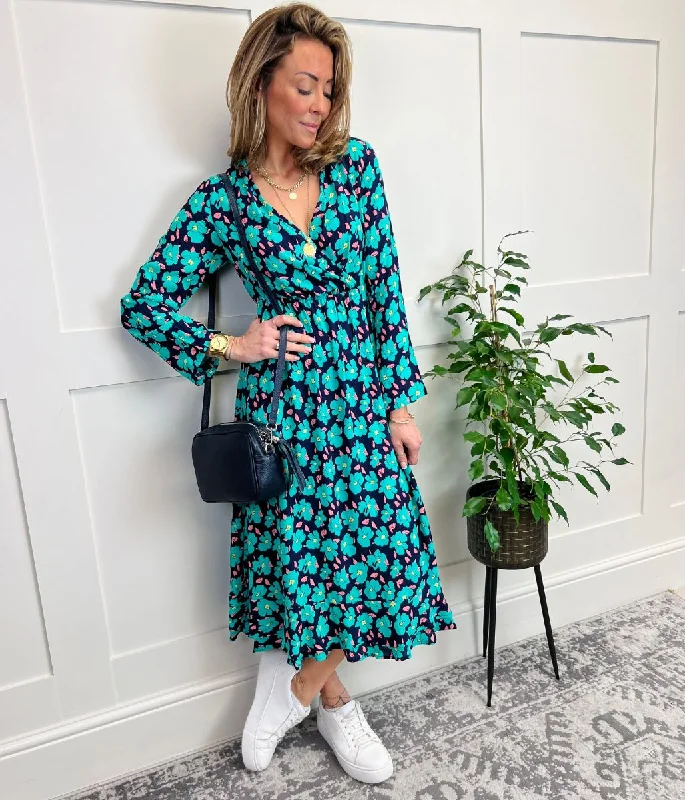 One Click Away from Big Savings!Green Vibrant Floral Print Wrap Midi Dress