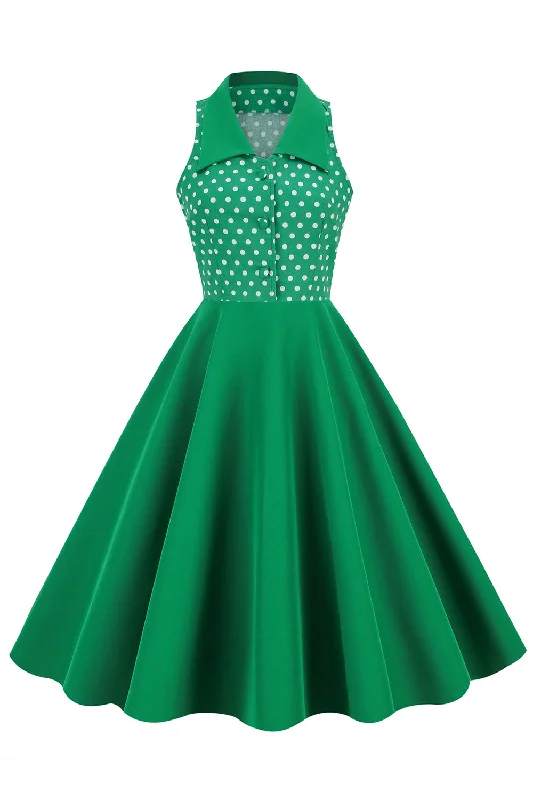 Your Exclusive Offer Awaits!Green Lapel Neck Polka Dots Swing 1950s Dress