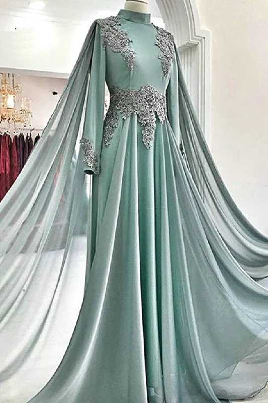 Lowest Prices Guaranteed!Green Tulle Sweep Train High Neck Long Arabic Prom Dress, Evening Dress With Sleeves cg19808 Lowest Prices Guaranteed!Green Tulle Sweep Train High Neck Long Arabic Prom Dress, Evening Dress With Sleeves cg19808