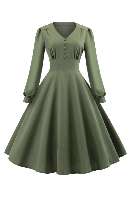 Don't Miss Out!Green V-Neck Long Sleeves Vintage Swing Dress