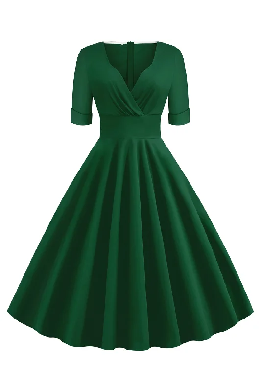 Limited Deals, Unlimited Savings!Green V-Neck Short Sleeves 1950s Swing Dress