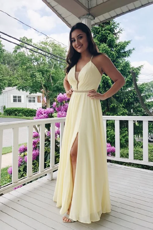 Time to Snag a Bargain!Halter Neckline Yellow Chiffon Prom Dresses    cg19781