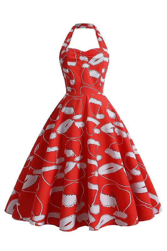Best Price of the Season!Halterneck Santa Print Red Christmas Dress