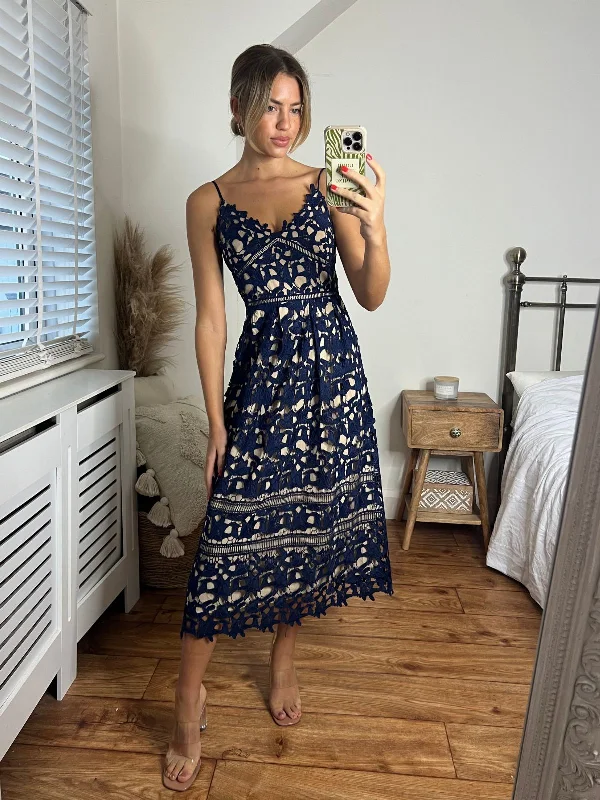 Hottest Discounts of the Year!Harmony Lace Strappy Midi Dress / Navy