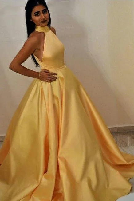 Amazing Prices You Can’t Resist!High Neck Yellow Prom Gown with Satin Full Skirt