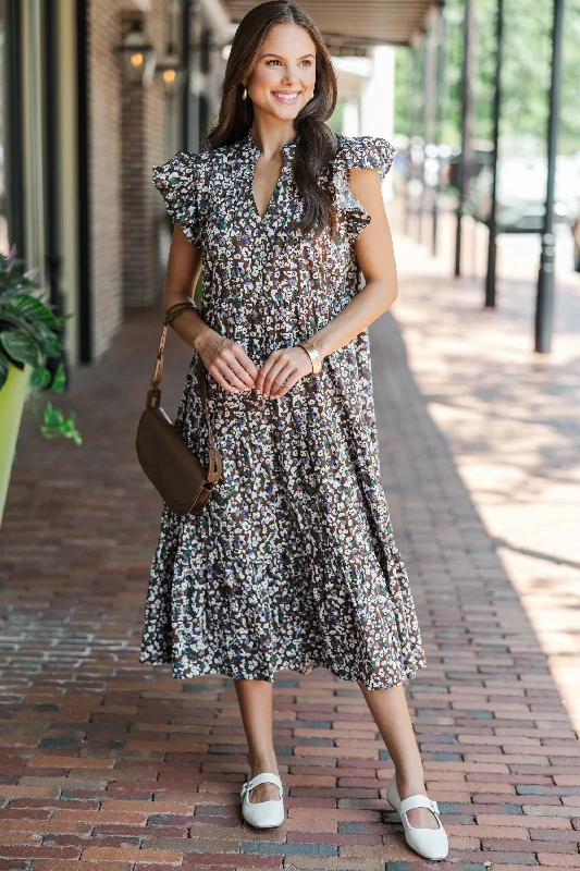 Save Like Never Before!Just For Today Brown Ditsy Floral Midi Dress