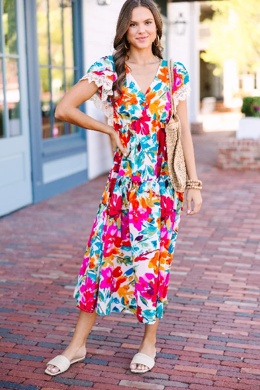 Buy One, Get One Free!Just Imagine Cream White Multi Floral Midi Dress
