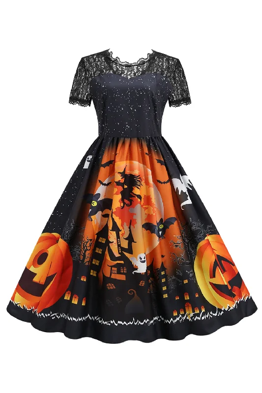 Shop the Hottest Deals!Lace Short Sleeve Print Halloween Retro Dress