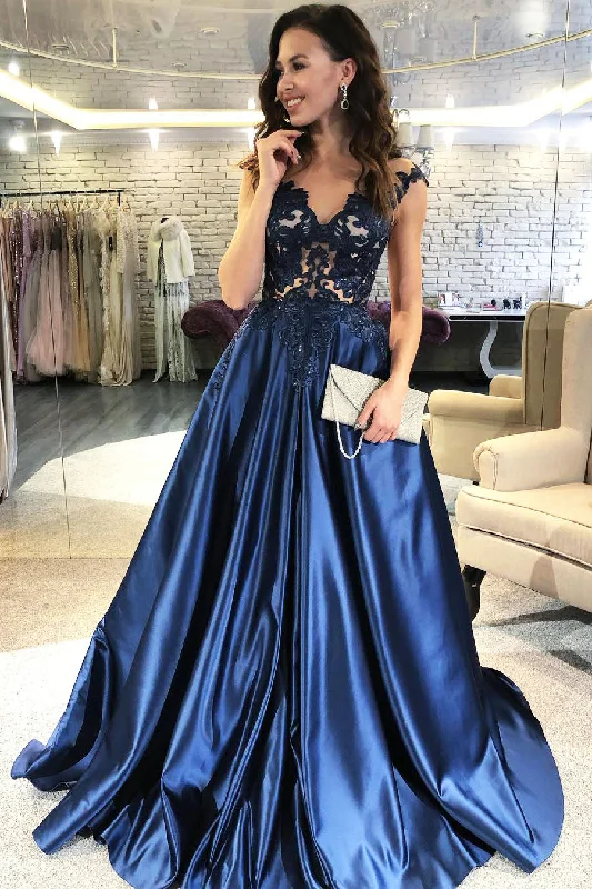 Unmissable Offers Await!Lace V-neckline Navy Blue Evening Dress with Satin Skirt