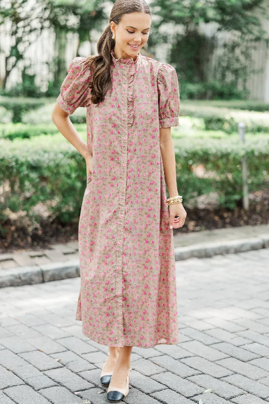 Flash Sale – Act Fast!Living In A Fairy Tale Camel Brown Ditsy Floral Midi Dress