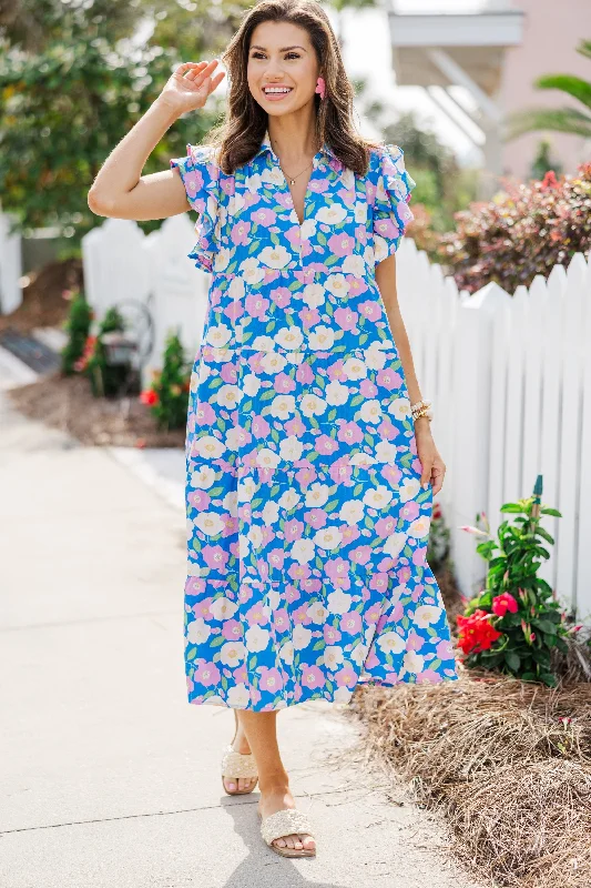 Everything Must Go!Look You Up Blue & Pink Floral Ruffled Midi Dress