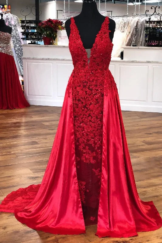 Huge Savings – Act Now!Made-to-Order Red Lace Evening Dresses Beaded V-neckline