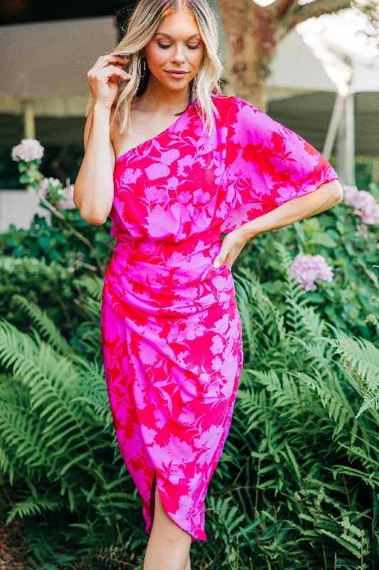 Score Huge Discounts Today!Making Moves Berry Pink Floral Midi Dress