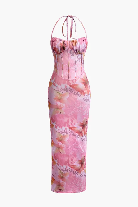 Massive Price Cuts!Floral Print Halter Slit Corset Midi Dress