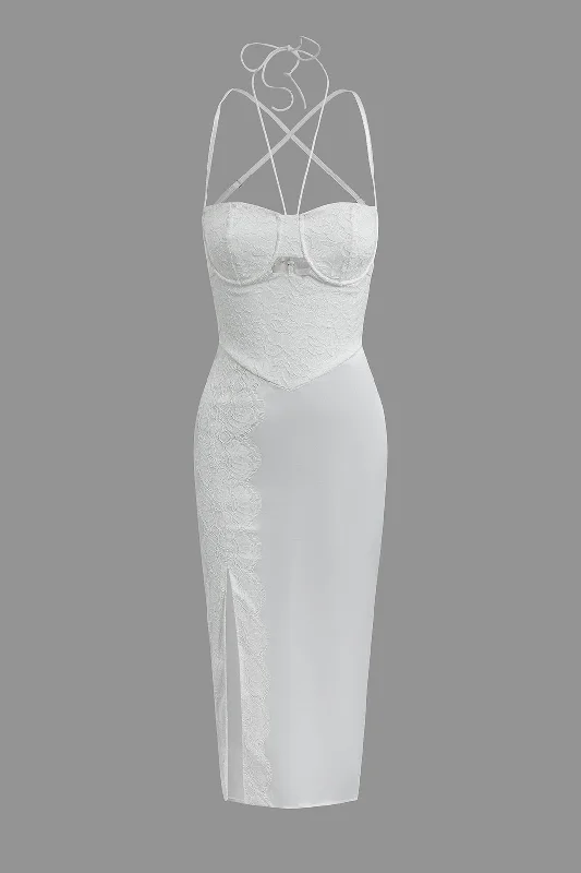 Shop the Hottest Deals!Floral Embroider Lace Crossed Backless Bustier Midi Dress