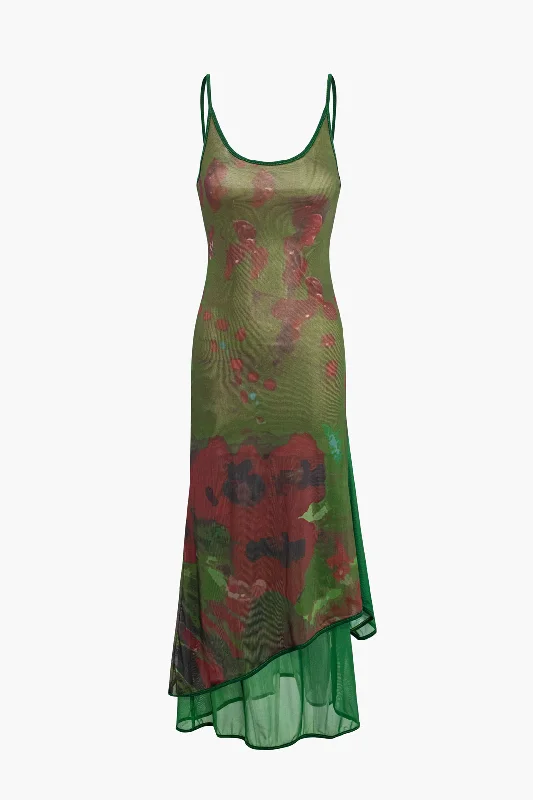 Shop Smart, Save Big!Floral Print Mesh Layer Slip Midi Dress