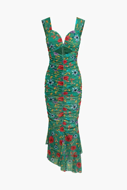 Time to Save Big!Floral Print Cut Out Ruched Midi Dress