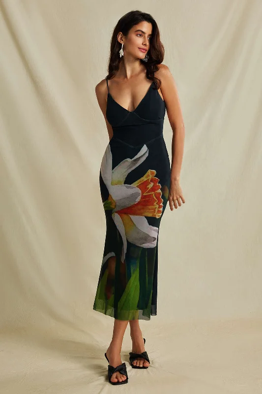 The Best Sale of the Year!Floral Print Crisscross Back Mesh Slip Midi Dress