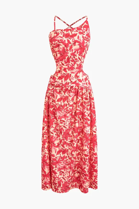 Huge Savings – Act Now!Floral Print Criss Cross Backless Slit Midi Dress