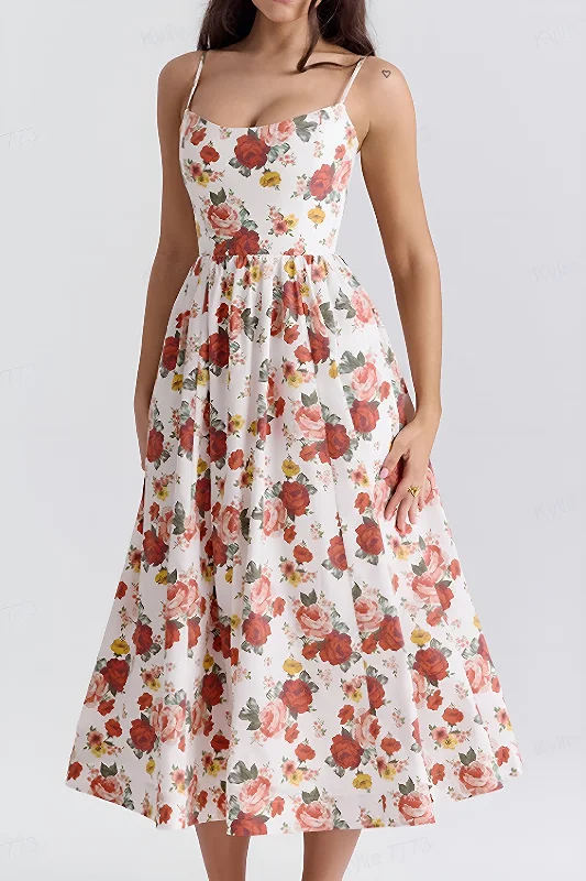 Seasonal Sale – Shop Now!Floral Print Spaghetti Strap Bustier Midi Dress