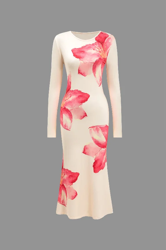 Your Exclusive Offer Awaits!Floral Print Long Sleeve Round Neck Midi Dress