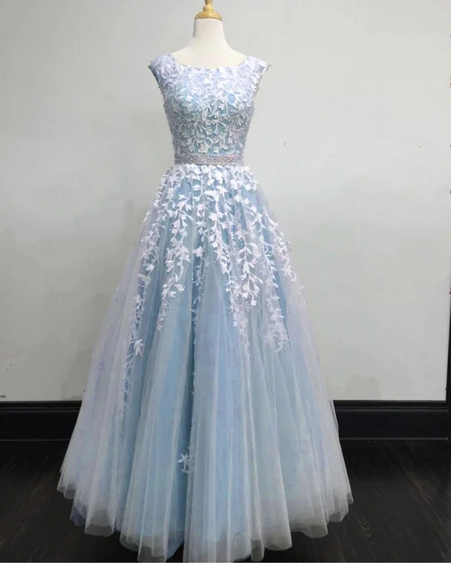 Upgrade for Less!Modest Prom Dresses Tulle Cap Sleeves Lace Embroidery    cg19801