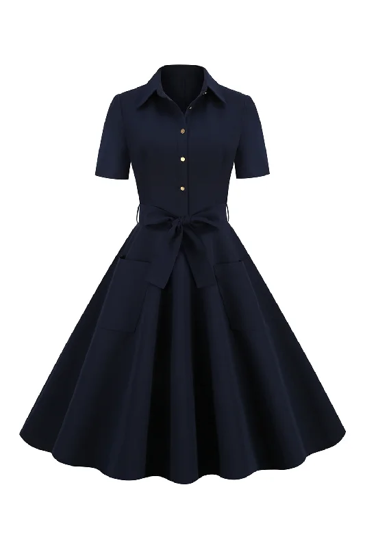 Shop Today, Save Tomorrow!Navy Lapel Neck Vintage 1950s Dress