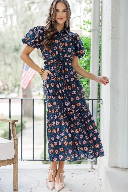 Hurry! While Supplies Last!Pinch: Looking Your Way Navy Blue Floral Midi Dress