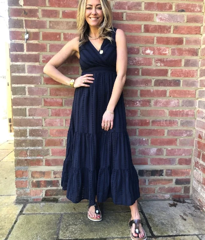 Hot Deals You Can’t Resist!Navy Cotton Embroidered Midi Dress