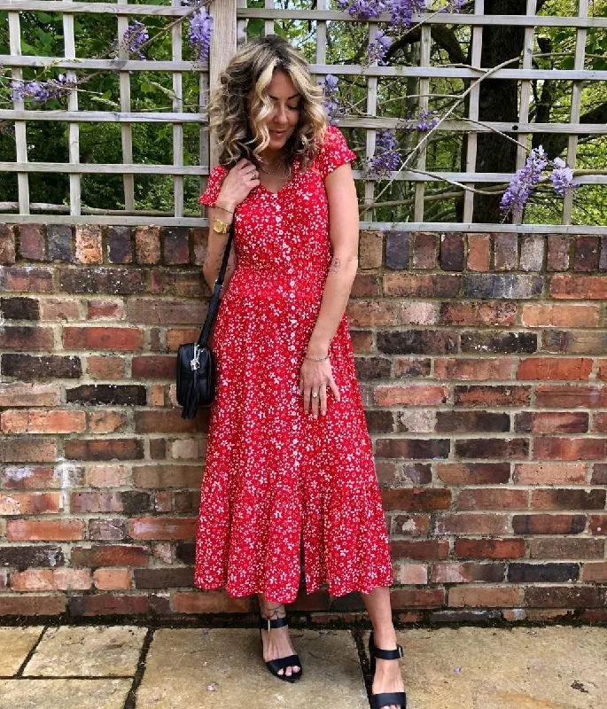 Special Offer – Act Fast!Red Ditsy Button Through Midi Dress