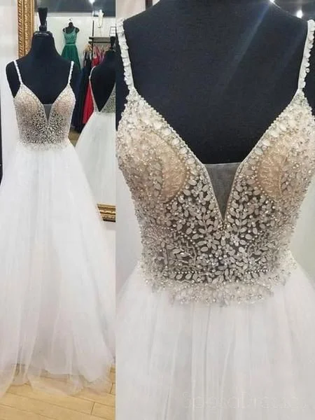 One Click Away from Big Savings!Sexy Backless V Neck White Beaded A-line Long Evening Prom Dresses cg19771 One Click Away from Big Savings!Sexy Backless V Neck White Beaded A-line Long Evening Prom Dresses cg19771