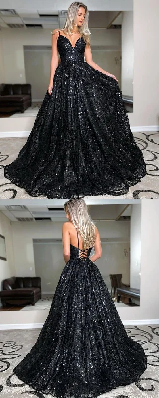 Shop Before It’s Gone!Spaghetti Straps Black Sequin A-line Prom Dress    cg19823
