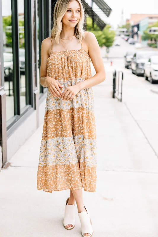 Your Chance to Save is Now!Stay With Me Taupe Brown Ditsy Floral Midi Dress