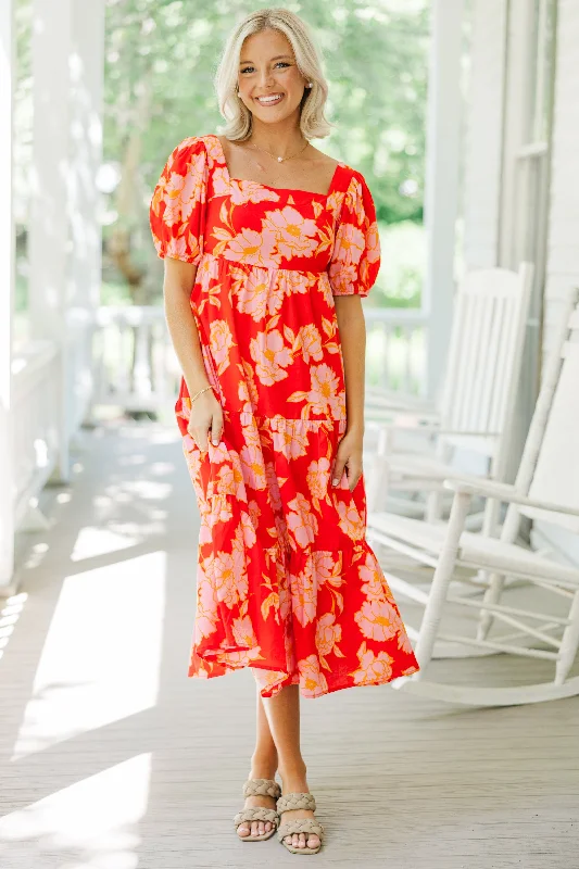 Save Money, Shop Happy!Think About It Red Floral Midi Dress