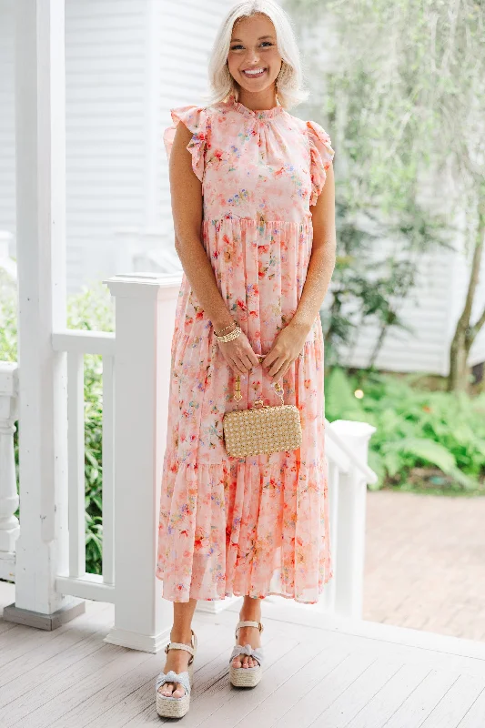 Save More with Every Purchase!This Is The Way Coral Orange Ditsy Floral Midi Dress