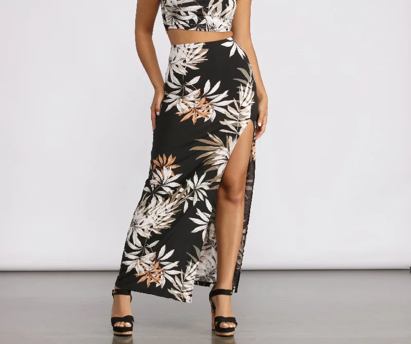 Upgrade for Less!Tropical Palm Leaf High Slit Maxi Skirt