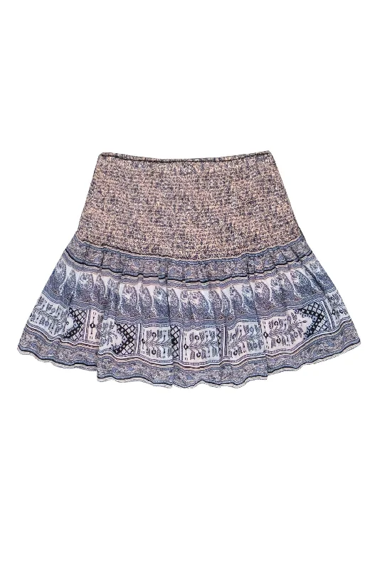 Your Discount is Waiting!Ulla Johnson - Light Pink & Blue Floral & Bohemian Print Smocked Silk Miniskirt Sz 2 Your Discount is Waiting!Ulla Johnson - Light Pink & Blue Floral & Bohemian Print Smocked Silk Miniskirt Sz 2