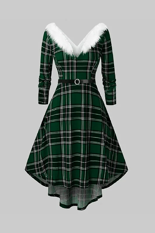 Limited Edition, Limited Price!V Neck Green Plaid Christmas Dress with Fur Collar