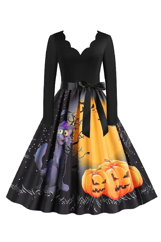 Limited Edition, Limited Price!V-Neck Long Sleeve Jack-o-lantern Print Halloween Retro Dress Limited Edition, Limited Price!V-Neck Long Sleeve Jack-o-lantern Print Halloween Retro Dress