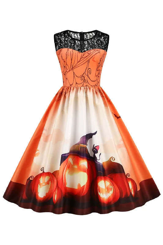 Hot Deals You Can’t Resist!Vintage Crew Neck Lace Panel Print Halloween Dress