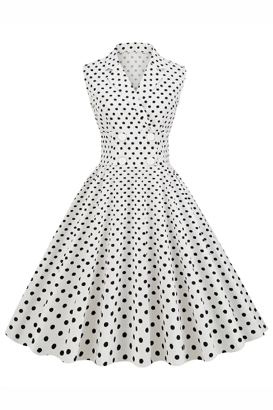 Your Dream Deal is Here!White Polka Dots Lapel Neck 1950s Dress