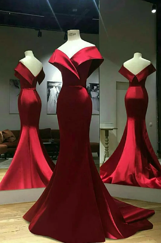 Score Huge Discounts Today!Wine Red Mermaid Evening Gown with Wide Off-the-shoulder Score Huge Discounts Today!Wine Red Mermaid Evening Gown with Wide Off-the-shoulder