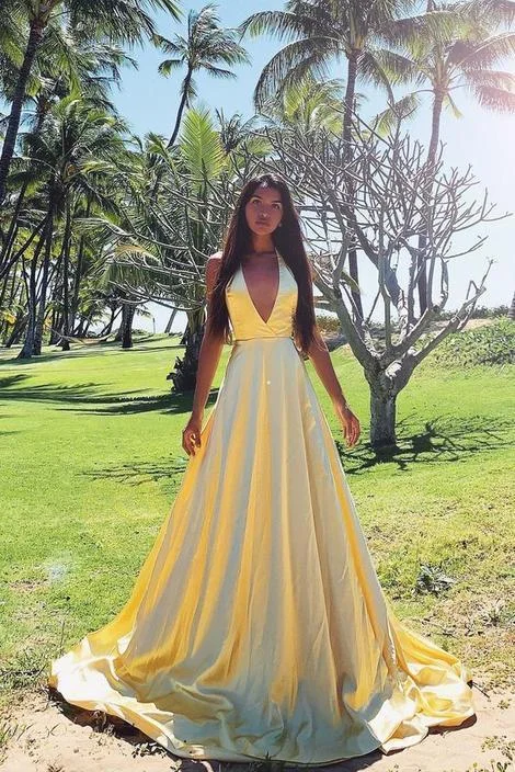 Get the Best for Less!Yellow Satin A-Line Prom Dress With Side Slit    cg19782