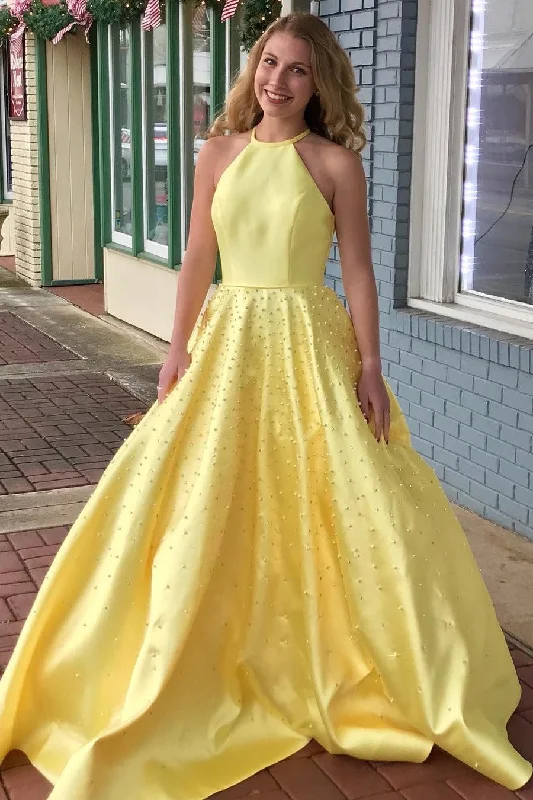 Enjoy Huge Discounts Now!Yellow Satin Pearls Prom Dresses with Halter Neckline