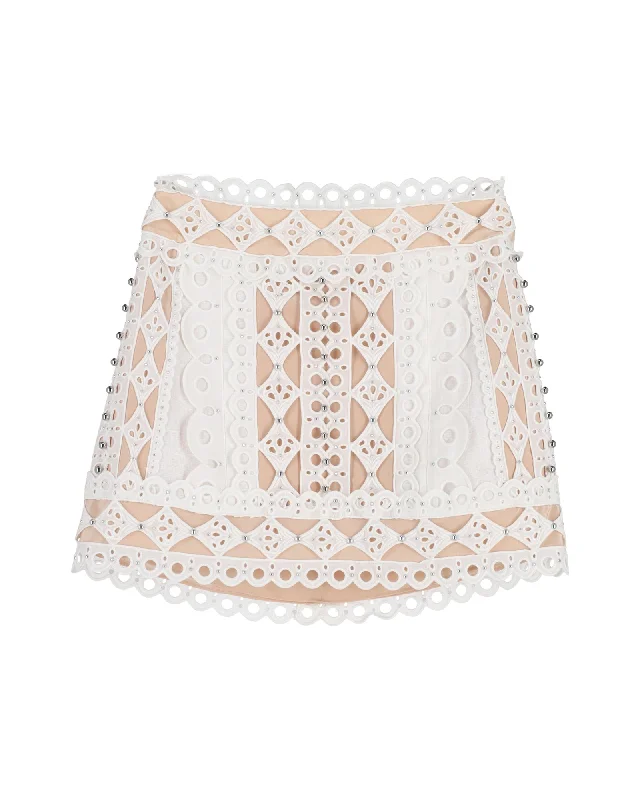 Grab Yours Before It’s Too Late!Zimmermann Moncur Studded Broderie Mini Skirt in White Cotton Grab Yours Before It’s Too Late!Zimmermann Moncur Studded Broderie Mini Skirt in White Cotton
