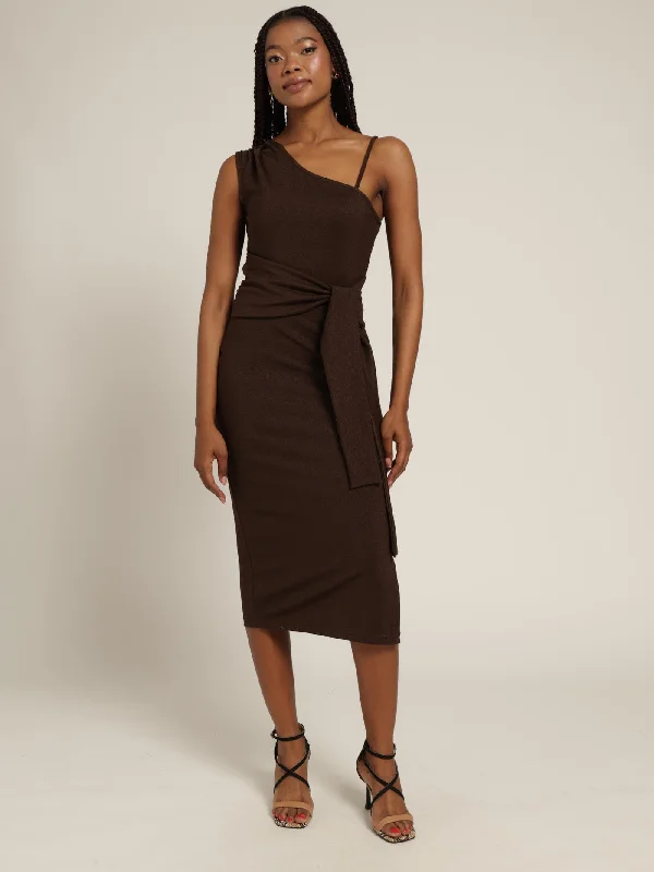 Seasonal Sale – Shop Now!1 Shoulder Metallic Waist Tie Dress - Chocolate