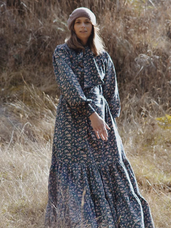 Flash Sale – Act Fast!100% RECYCLED COTTON - FLEUR MAXI DRESS PUSSY BOW VINTAGE NAVY FLORAL