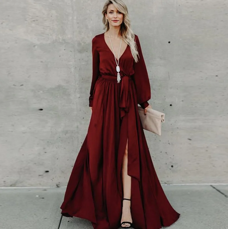 Don’t Wait – Deals Won’t Last!KittenAlarm - Women Casual Long Sleeve V Neck Slit hem Maxi Dress Belted Solid Color Ladies Elegant Long Dress Don’t Wait – Deals Won’t Last!KittenAlarm - Women Casual Long Sleeve V Neck Slit hem Maxi Dress Belted Solid Color Ladies Elegant Long Dress